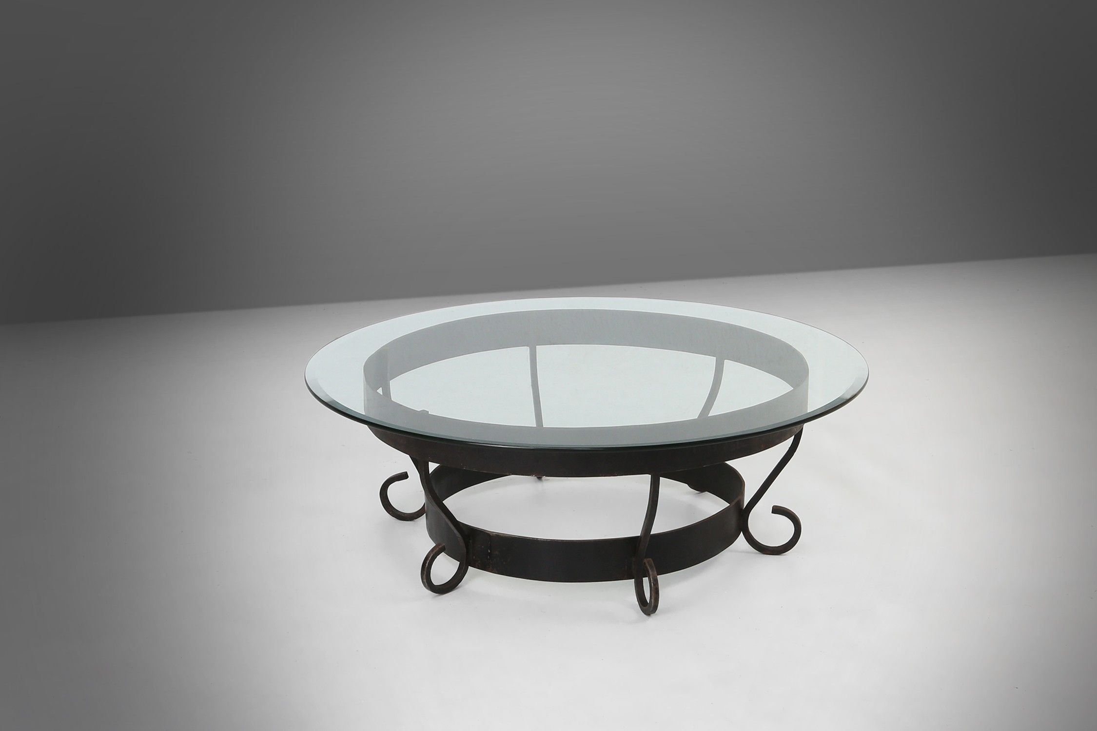 Rustic Round Coffee Table with Wrought Iron Base and Glass Top, France, 1930sthumbnail